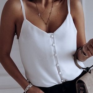 Boho White Button Up Cami Tank Top Casual